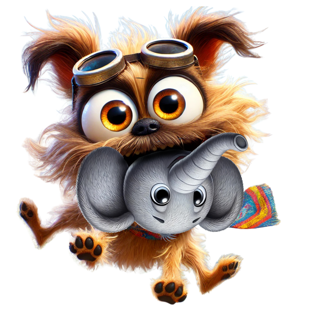 Cartoon of a dog playing with Ellie elephant plush toy