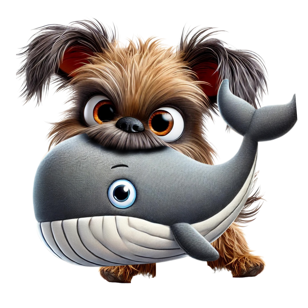 Cartoon of a dog playing with Finley whale plush toy
