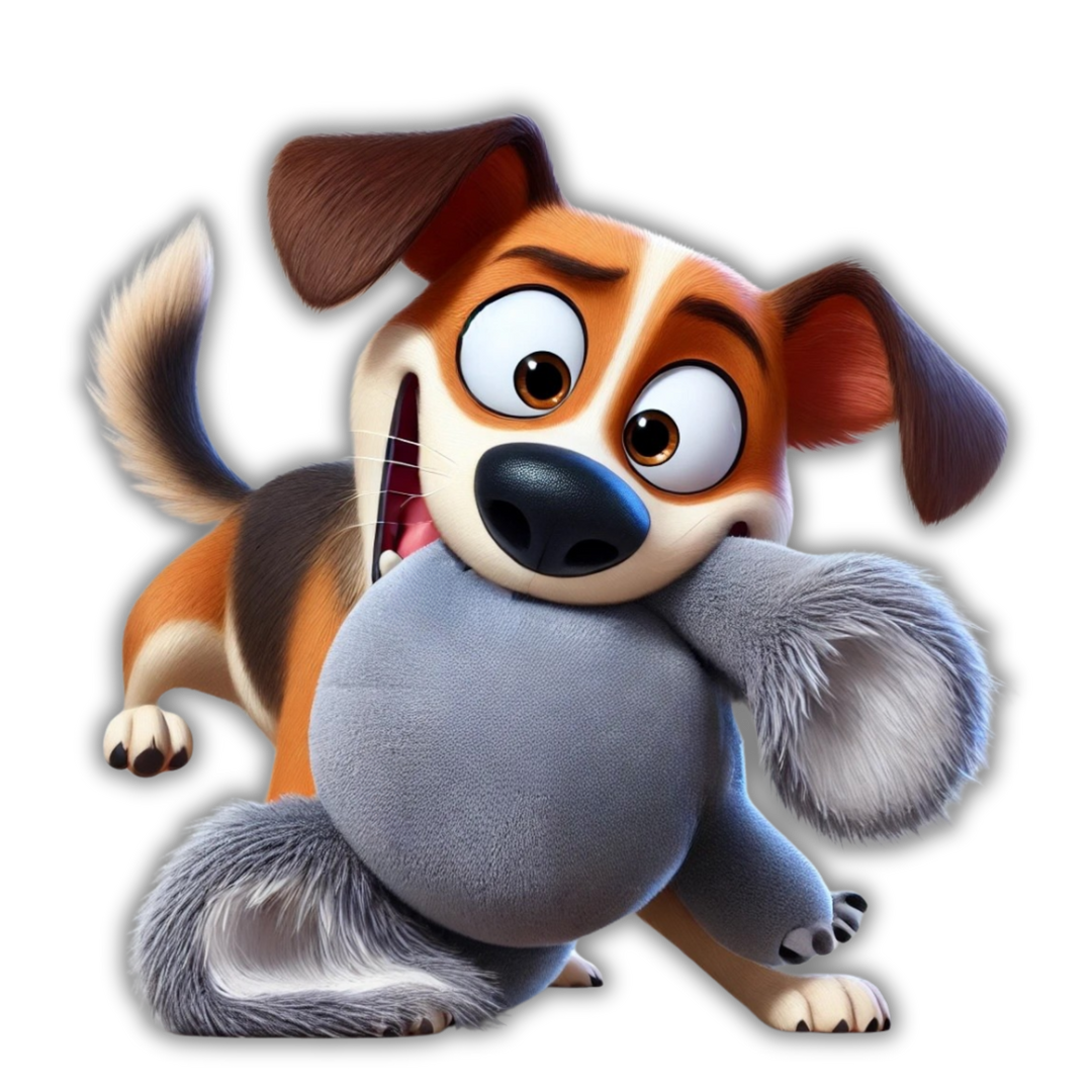Cartoon of a dog playing with Kokos koala plush toy